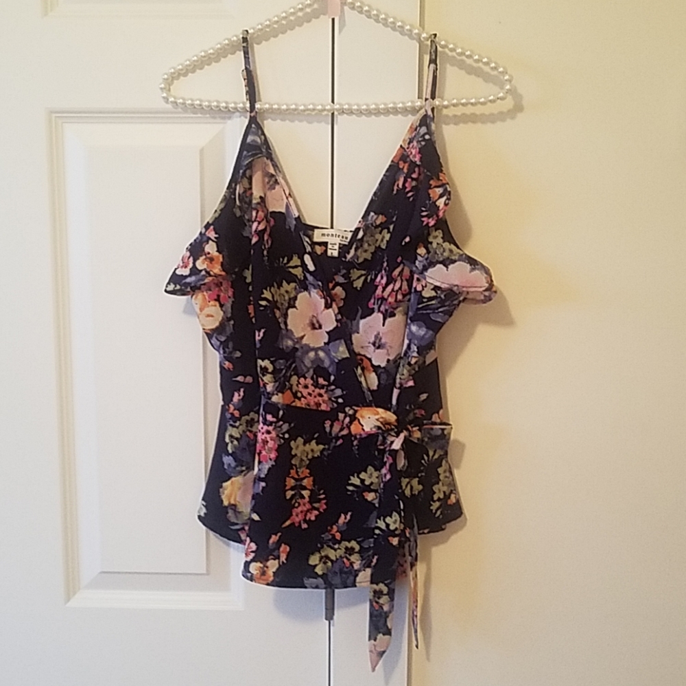 Multi colored floral wrap blouse size L